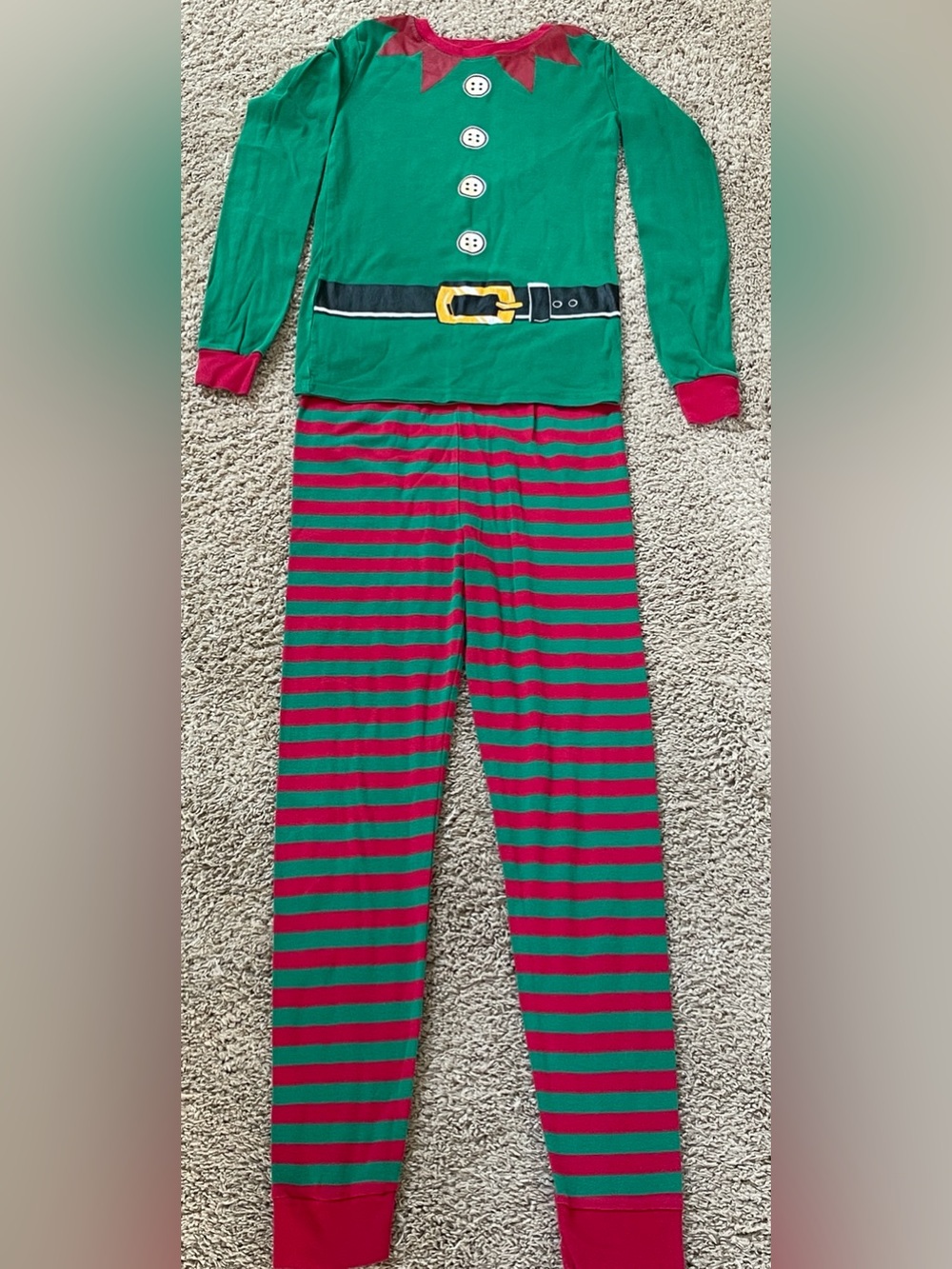 The Children’s Place 2 piece red & green “elf” suit pj set, Size 16.